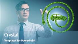  Presentation with vehicle exhaust gas - Slide set with power plug nature - businessman in electic vehicle concept background and a teal colored foreground