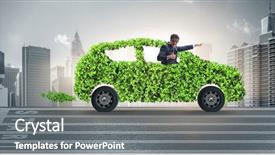  Presentation with green plug - Cool new presentation design with power plug nature - businessman in green electric car backdrop and a gray colored foreground
