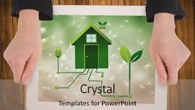  Presentation with green plug - Slides having power plug nature - digital composite of hands background and a mint green colored foreground