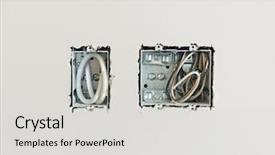  Presentation with electrical kilowatt hour electric meter - Audience pleasing PPT theme consisting of power plug nature - electrical installation in house backdrop and a light gray colored foreground