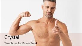  Presentation with flexing - Beautiful presentation theme featuring power point - confident handsome shirtless man standing backdrop and a  colored foreground