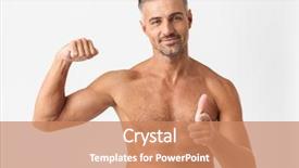  Presentation with flexing - Presentation with power point - confident handsome shirtless man standing background and a coral colored foreground
