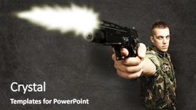  Presentation with shooting gun - PPT theme enhanced with power point - portrait of young soldier shooting background and a dark gray colored foreground