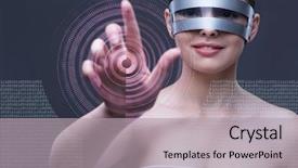  Presentation with virtual - Audience pleasing presentation theme consisting of power point - techno girl pressing virtual buttons backdrop and a light gray colored foreground
