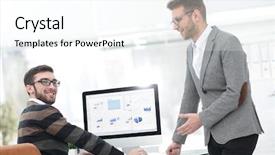  Presentation with financial - PPT theme featuring power point presentation - two businessmen analyzing stats financial background and a  colored foreground