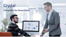  Presentation with data - Beautiful PPT layouts featuring power point presentation - two businessmen analyzing stats financial backdrop and a sky blue colored foreground