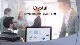  Presentation with businessmen overcome financial crisis - Presentation design featuring power point presentation - two businessmen analyzing stats financial background and a  colored foreground