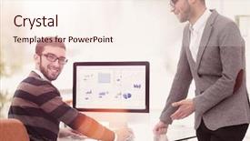  Presentation with businessmen overcome financial crisis - Colorful presentation theme enhanced with power point presentation - two businessmen analyzing stats financial backdrop and a sky blue colored foreground