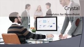  Presentation with businessmen overcome financial crisis - Audience pleasing slide deck consisting of power point presentation - two businessmen analyzing stats financial backdrop and a  colored foreground