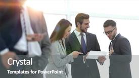  Presentation with modern - Colorful presentation enhanced with power presentation - happy business colleagues in modern backdrop and a gray colored foreground