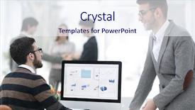  Presentation with businessmen overcome financial crisis - Beautiful slide deck featuring power presentation - two businessmen analyzing stats financial backdrop and a sky blue colored foreground