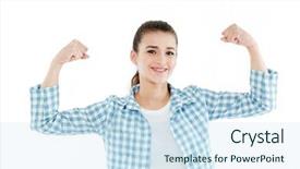  Presentation with girl power - Colorful presentation theme enhanced with power presentation - young funny brunette girl wearing backdrop and a sky blue colored foreground