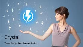  Presentation with battery - Amazing PPT layouts having power presentation - young smiling person presenting battery backdrop and a  colored foreground