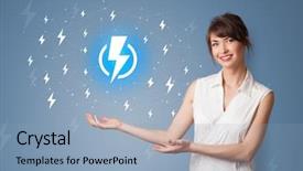  Presentation with battery - Slide set consisting of power presentation - young smiling person presenting battery background and a  colored foreground