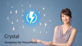  Presentation with battery electrified - Amazing PPT theme having power presentation - young smiling person presenting battery backdrop and a  colored foreground