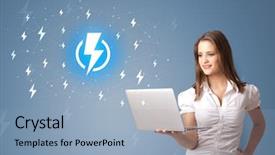  Presentation with photovoltaic systems battery - PPT theme with power presentation - young smiling person presenting battery background and a  colored foreground