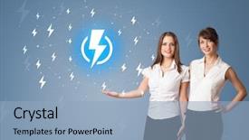  Presentation with battery electrified - Beautiful presentation theme featuring power presentation - young smiling person presenting battery backdrop and a  colored foreground