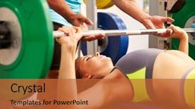  Presentation with trainer - Presentation theme enhanced with woman bench pressing weights with assistance of trainer background and a red colored foreground