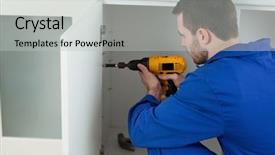  Presentation with fire door - Presentation design consisting of power screw - young handyman fixing a door background and a light gray colored foreground