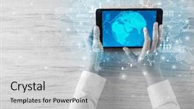  Presentation with tablet - Audience pleasing PPT layouts consisting of power sharing - hand touching tablet with worldwide backdrop and a light gray colored foreground