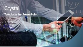  Presentation with using digital tablet - PPT theme enhanced with power sharing - stocks and shares against technician background and a ocean colored foreground