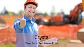  Presentation with architect - Audience pleasing PPT theme consisting of power shovel - architect showing ok sign backdrop and a coral colored foreground