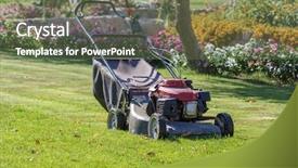  Presentation with green lawn - PPT layouts with power shovel - modern gasoline lawn mower background and a tawny brown colored foreground