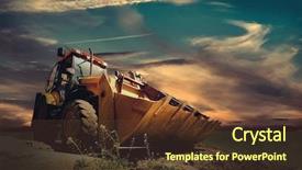  Presentation with tractor - PPT theme with power shovel - yellow tractor on sky background background and a tawny brown colored foreground
