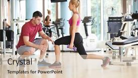  Presentation with exercise trainer - Slide deck having power sports - young sporty woman with trainer background and a  colored foreground