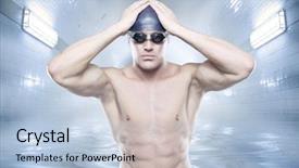  Presentation with blue water lily - Slide set with power sports - young swimmer standing in blue background and a light blue colored foreground