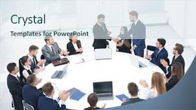  Presentation with round table - Theme consisting of power team work - shake hands after successful negotiations background and a sky blue colored foreground