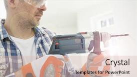  Presentation with drilling - Beautiful PPT theme featuring power tools - mid-adult man drilling hole backdrop and a  colored foreground