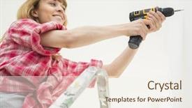 Presentation with drilling - Presentation theme featuring power tools - woman drilling wall in new background and a sky blue colored foreground