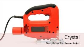  Presentation with electric - Theme featuring power tools service - electric fret saw isolated background and a coral colored foreground