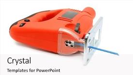  Presentation with electric - Slide deck featuring power tools service - electric fret saw isolated background and a white colored foreground