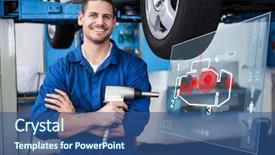  Presentation with engine - Slide set consisting of power tools service - engine interface against mechanic holding background and a ocean colored foreground