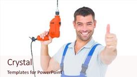  Presentation with drill - Colorful PPT layouts enhanced with power tools service - portrait of smiling repairman backdrop and a sky blue colored foreground