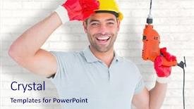  Presentation with power tools - Slide deck enhanced with power tools service - smiling manual worker holding drill background and a sky blue colored foreground