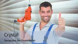  Presentation with drilling machine - Cool new slide set with power tools service - smiling repairman with drill machine backdrop and a light blue colored foreground