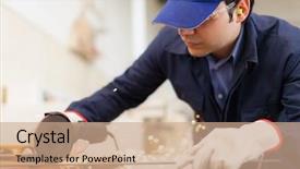  Presentation with precision metal machining by vertical - Theme consisting of power tools service - worker using a grinding machine background and a coral colored foreground