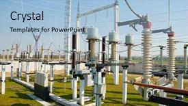  Presentation with high voltage - PPT theme featuring power transmission - general view to high-voltage substation background and a light blue colored foreground