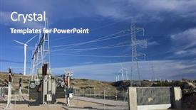  Presentation with power transmission - Slide deck having power transmission - high-voltage substation and windmill background and a ocean colored foreground