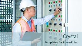  Presentation with control panel - Audience pleasing PPT theme consisting of power utility - asian indonesian technician or electrician backdrop and a light blue colored foreground