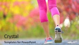  Presentation with running shoes - Beautiful PPT theme featuring power walking - jogging and running woman backdrop and a yellow colored foreground