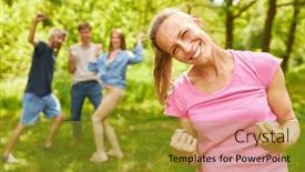  Presentation with winning - Slide set having power-woman-with-clenched-fists background and a gold colored foreground