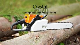  Presentation with chainsaw - PPT theme featuring lumberjack power work tool petrol background and a gold colored foreground