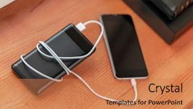 Presentation with powerbank - Beautiful presentation design featuring powerbank charges smartphone isolated backdrop and a coral colored foreground
