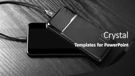  Presentation with powerbank - Cool new slides with powerbank-charges-smartphone-isolated backdrop and a dark gray colored foreground
