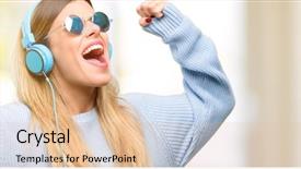  Presentation with power energy - Amazing PPT theme having young woman listen to music backdrop and a  colored foreground