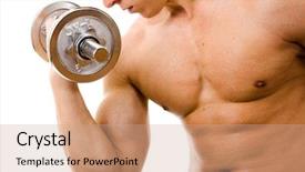  Presentation with lifting weights - Colorful slide deck enhanced with powerful muscular man lifting weights isolated on white backdrop and a coral colored foreground